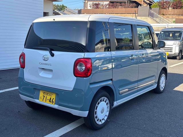 ムーヴキャンバスストライプスGターボターボ車 インパネシフト プッシュスタートスイッチ 電子カードキー 電動パーキングブレーキ カーナビ 両側電動スライドドア 追突被害軽減ブレーキ オートマチックハイビーム(鹿児島県)の中古車