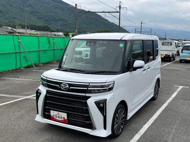 タントカスタムＲＳ　純正ナビゲーション　前後ドラレコスマートアシスト・ＬＥＤヘッドライト・１５インチアルミホイール・両側パワースライドドア・ＵＳＢソケット・運転席助手席シートヒーター・レザー調Ｘフルファブリックシート・本革巻ステアリングホイール（山梨県）の中古車