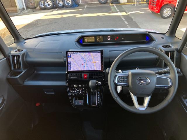 タントカスタムＲＳ　４ＷＤ　１０インチ純正ナビ　パノラマスマートアシスト・ＬＥＤヘッドライト・１５インチアルミホイール・両側パワースライドドア・ＵＳＢソケット・運転席助手席シートヒーター・レザー調Ｘフルファブリックシート・本革巻ステアリングホイール（山梨県）の中古車