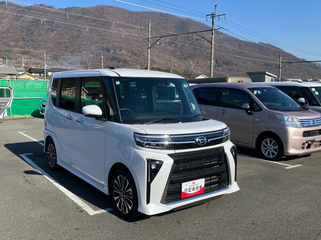 タントカスタムＲＳ　純正ナビゲーション　バックモニタースマートアシスト・ＬＥＤヘッドライト・１５インチアルミホイール・両側パワースライドドア・ＵＳＢソケット・運転席助手席シートヒーター・レザー調Ｘフルファブリックシート・本革巻ステアリングホイール（山梨県）の中古車