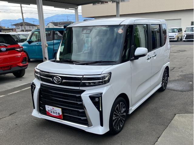 タントカスタムRS 純正ナビゲーション バックモニタースマートアシスト・LEDヘッドライト・15インチアルミホイール・両側パワースライドドア・USBソケット・運転席助手席シートヒーター・レザー調Xフルファブリックシート・本革巻ステアリングホイール(山梨県)の中古車