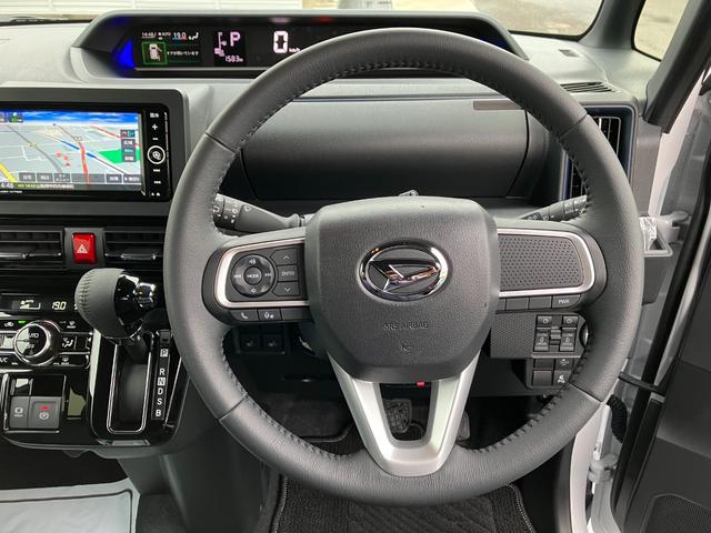 タントカスタムRS 純正ナビゲーション バックモニタースマートアシスト・LEDヘッドライト・15インチアルミホイール・両側パワースライドドア・USBソケット・運転席助手席シートヒーター・レザー調Xフルファブリックシート・本革巻ステアリングホイール(山梨県)の中古車