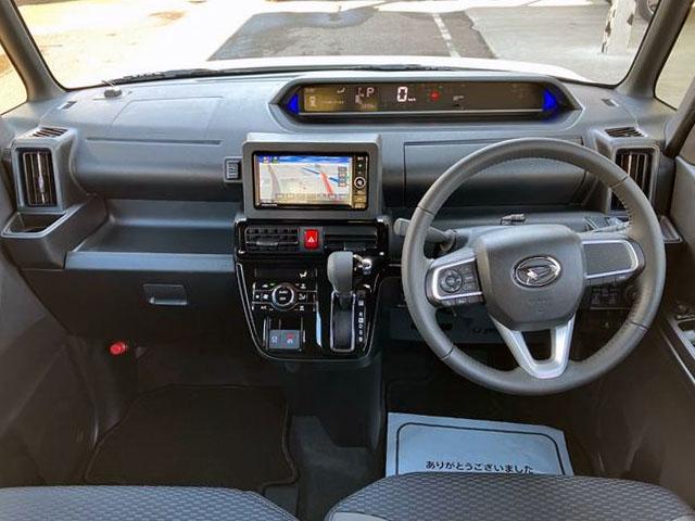 タントカスタムRS 純正ナビゲーション バックモニタースマートアシスト・LEDヘッドライト・15インチアルミホイール・両側パワースライドドア・USBソケット・運転席助手席シートヒーター・レザー調Xフルファブリックシート・本革巻ステアリングホイール(山梨県)の中古車