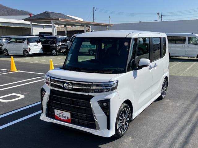 タントカスタムRS 純正ナビゲーション バックモニタースマートアシスト・LEDヘッドライト・15インチアルミホイール・両側パワースライドドア・USBソケット・運転席助手席シートヒーター・レザー調Xフルファブリックシート・本革巻ステアリングホイール(山梨県)の中古車