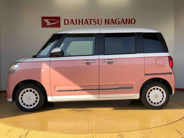 ムーヴキャンバスストライプスＧターボ４ＷＤ　ターボ　　両側電動スライドドア　オートライト　衝突被害軽減システム　横滑り防止機能　シートヒーター　プッシュスタート　スマートキー　オートエアコン　アイドリングストップ　ＡＢＳ（長野県）の中古車