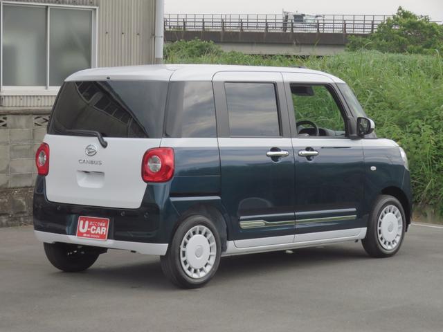 ムーヴキャンバスストライプスＧ　　届出済未使用車　キーフリー　１年間無料保証試乗車ＵＰ　ＩＳＴＯＰ　バックカメラ付　電格ミラー　ＬＥＤライト　助手席エアバック　車線逸脱警告　運転席・助手席シートヒーター　オートＬＥＤ　電動パーキングブレーキ　コーナーセンサー　パワーウィンドウ（三重県）の中古車