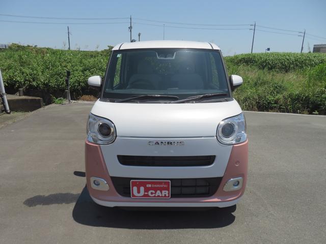 ムーヴキャンバスストライプスＧ　届出済未使用車　バックカメラ　１年間無料保証試乗車ＵＰ　追突軽減ブレーキ　ＩＳＴＯＰ　コーナーセンサー　電格ミラー　ＬＥＤライト　車線逸脱警告　運転席・助手席シートヒーター　両側パワースライドドア　オートエアコン　電動パーキングブレーキ（三重県）の中古車