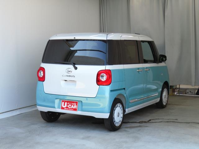 ムーヴキャンバスストライプスＧ　　届出済未使用車　キーフリー　１年間無料保証Ｂカメラ　セキュリティアラーム　プッシュスタート　ワンオーナー車　ＬＥＤライト　元試乗車　車線逸脱警報　運転席・助手席シートヒーター　両側パワースライドドア　コーナーセンサー　電動パーキングブレーキ（三重県）の中古車