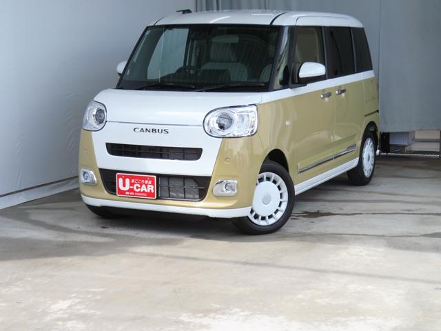 ムーヴキャンバスストライプスＧ　　届出済未使用車　キーフリー　１年間無料保証コーナーセンサー　アイドルストップ　Ｂカメラ　セキュリティアラーム　プッシュスタート　運転席・助手席シートヒーター　ワンオーナー車　ＬＥＤライト　元試乗車　車線逸脱警報　両側パワースライドドア（三重県）の中古車