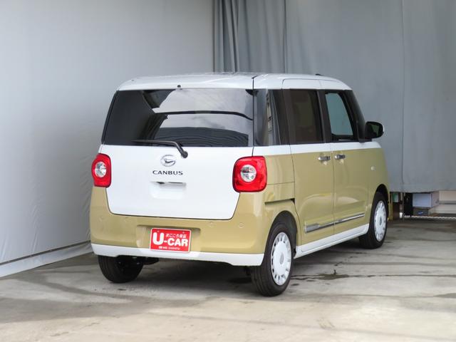 ムーヴキャンバスストライプスＧ　　届出済未使用車　キーフリー　１年間無料保証コーナーセンサー　アイドルストップ　Ｂカメラ　セキュリティアラーム　プッシュスタート　運転席・助手席シートヒーター　ワンオーナー車　ＬＥＤライト　元試乗車　車線逸脱警報　両側パワースライドドア（三重県）の中古車