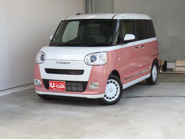 ムーヴキャンバスストライプスG 届出済未使用車 キーフリー 1年間無料保証Bカメラ セキュリティアラーム プッシュスタート 運転席・助手席シートヒーター ワンオーナー LEDライト 元試乗車 車線逸脱警報 電動パーキングブレーキ 両側パワースライドドア コーナーセンサー(三重県)の中古車