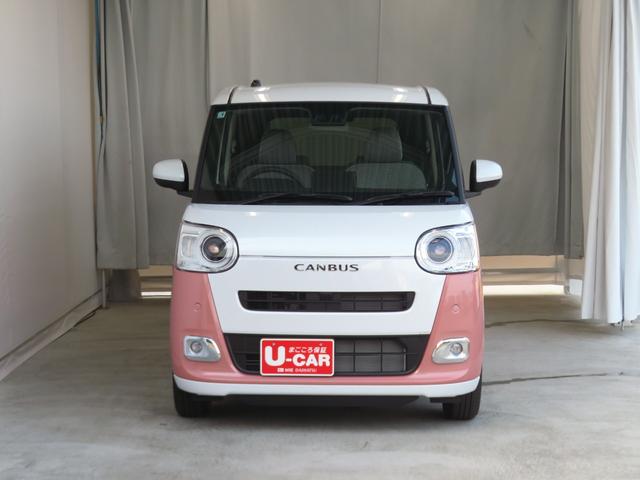 ムーヴキャンバスストライプスG 届出済未使用車 キーフリー 1年間無料保証Bカメラ セキュリティアラーム プッシュスタート 運転席・助手席シートヒーター ワンオーナー LEDライト 元試乗車 車線逸脱警報 電動パーキングブレーキ 両側パワースライドドア コーナーセンサー(三重県)の中古車