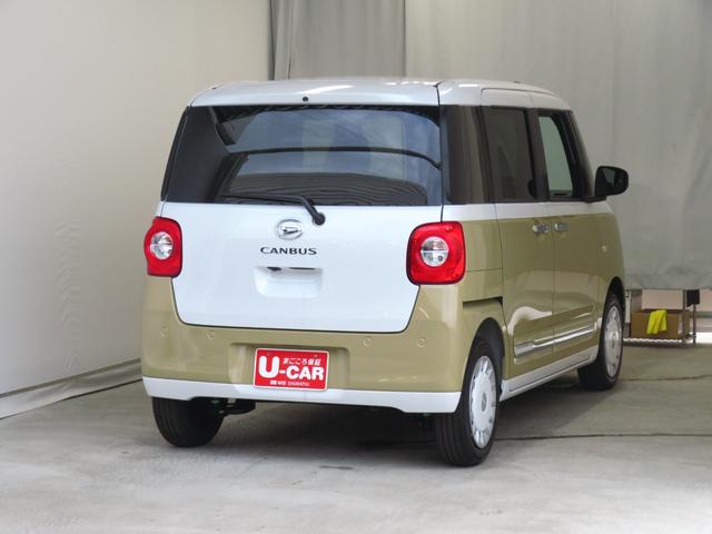 ムーヴキャンバスストライプスG 届出済未使用車 キーフリー 1年間無料保証コーナーセンサー アイドルストップ Bカメラ セキュリティアラーム プッシュスタート 運転席・助手席シートヒーター ワンオーナー LEDライト 元試乗車 電動パーキングブレーキ 両側パワースライドドア(三重県)の中古車