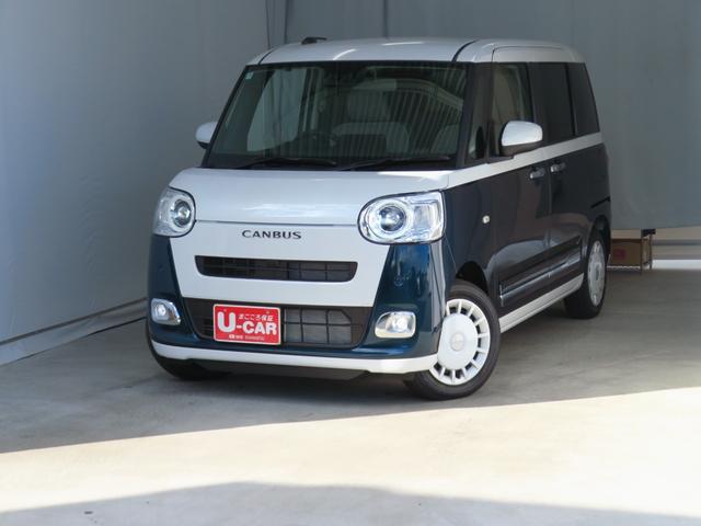 ムーヴキャンバスストライプスＧ　　届出済未使用車　キーフリー　１年間無料保証アイドルストップ　Ｂカメラ　プッシュスタート　運転席・助手席シートヒーター　ワンオーナー　ＬＥＤライト　元試乗車　電動パーキングブレーキ　コーナーセンサー　両側パワースライドドア　オートエアコン（三重県）の中古車