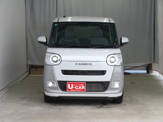 ムーヴキャンバスストライプスＧ　運転席・助手席シートヒーター　１年間無料保証アイドルストップ　Ｂカメラ　セキュリティアラーム　プッシュスタート　キーフリー　ワンオーナー　ＬＥＤライト　元試乗車　車線逸脱警報　電動パーキングブレーキ　両側パワースライドドア　コーナーセンサー（三重県）の中古車