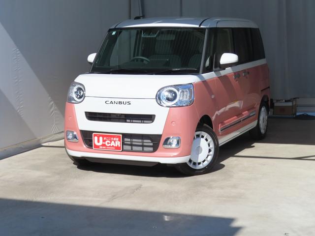 ムーヴキャンバスストライプスＧ　届出済未使用車　１年間無料保証電動パーキングブレーキ　コーナーセンサー　パノラマカメラ　Ｗパワースライドドア　前後誤発進抑制　点検記録簿　試乗車ＵＰ　プッシュスタート　キーフリー　オートエアコン　運転席・助手席シートヒーター（三重県）の中古車