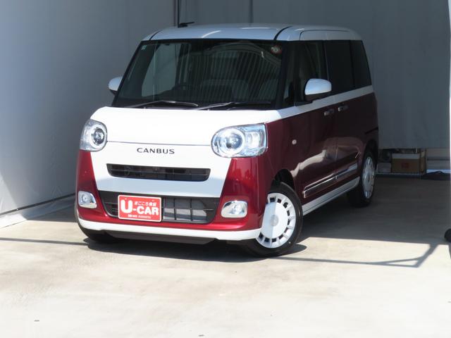 ムーヴキャンバスストライプスＧターボ　　　　　届出済未使用車　１年間無料保証電動パーキングブレーキ　コーナーセンサー　フルセグ　シートヒータ　デモカーＵＰ　キーフリー　　純正９型ディスプレイオーディオ　両側パワースライドドア　Ｂｌｕｅｔｏｏｔｈ対応　パノラマカメラ（三重県）の中古車