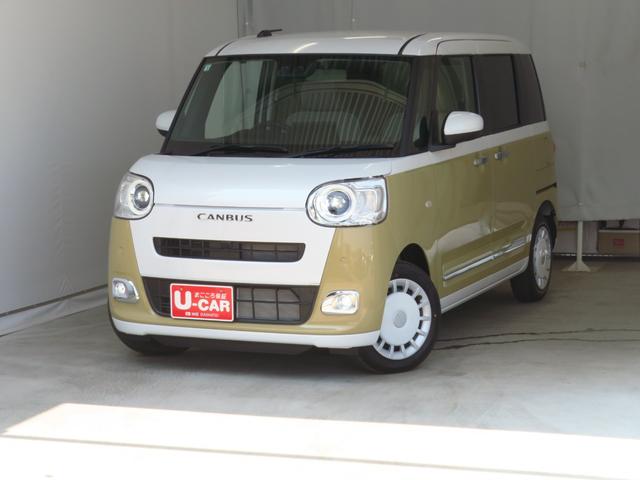 ムーヴキャンバス 中古車 ストライプスＧ　届出済未使用車　バックカメラ　１年間無料保証電動パーキングブレーキ　コーナーセンサー　純正９型ディスプレイオーディオ　両側パワースライドドア　ブルートゥース　１オーナー　電動格納式ドアミラー　地デジ　試乗車ＵＰ　運転席・助手席シートヒーター