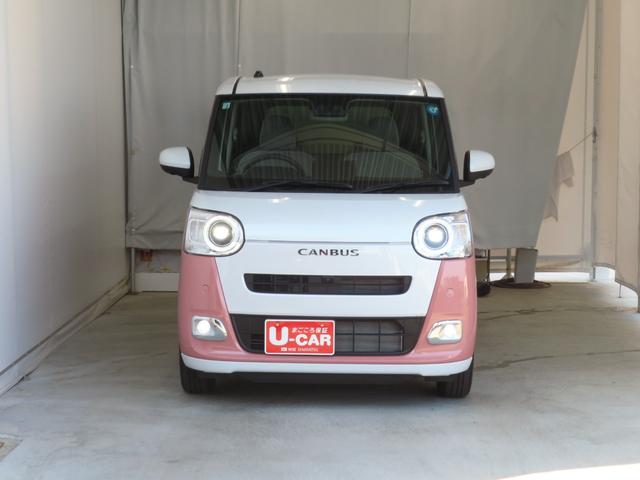 ムーヴキャンバス 中古車 ストライプスＧ　運転席・助手席シートヒーター　１年間無料保証電動パーキングブレーキ　コーナーセンサー　元試乗車　電格ミラー　パノラマカメラ　両側パワースライドドア　ＬＥＤヘッドライト　点検記録簿　ワンオーナー　キーフリー　オートエアコン　衝突回避支援ブレーキ