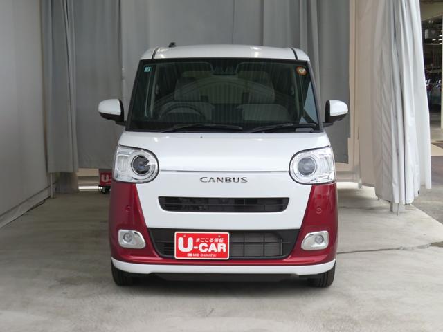 ムーヴキャンバスストライプスＧターボ　電動パーキングブレーキ　１年間無料保証１オーナー　運転席・助手席シートヒーター　左右オートスライド　ＬＥＤヘッドライト　元試乗車　ターボ車　記録簿　レーンキープ　ベンチシート　コーナーセンサー　パノラマカメラ　キーフリー　オートエアコン（三重県）の中古車