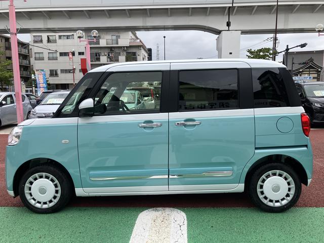 ムーヴキャンバスストライプスGターボ 届け出済み未使用車保証1年間・距離無制限付き アダプティブクルーズコントロール 電動パーキングブレーキ オートブレーキホールド機能 ホッとカップホルダー 置き楽ボックス パノラマモニター対応 シートヒーター(東京都)の中古車