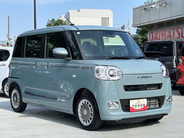 ムーヴキャンバスセオリーＧ　ＣＤチューナー・パノラマモニター付保証　新車保証・まごころ保証　１年間・走行距離無制限付き　前後ソナー　全方位モニター　衝突軽減ブレーキ　電動格納式ミラー　ＬＥＤヘッド　シートヒーター　両側オートスライドドア　禁煙　キーフリー（東京都）の中古車