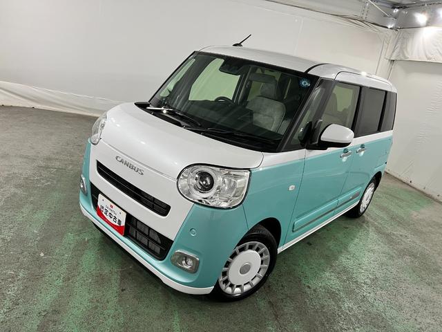 ムーヴキャンバスストライプスG 走行1851キロ/LEDヘッドランプ保証1年間・距離無制限付き キーフリー LEDヘッドランプ シートヒーター USB入力端子 クリアランスソナー 両側電動スライドドア LEDヘッドライト オートライト(埼玉県)の中古車