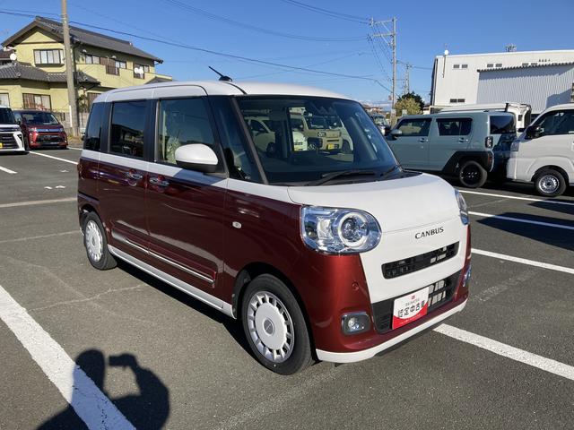 ムーヴキャンバスストライプスGターボ14インチフルホイールキャップ キーフリーシステム プッシュボタンスタート UVカットガラス 両側パワースライドドア ハロゲンヘッドライト ラゲージアンダーボックス(静岡県)の中古車