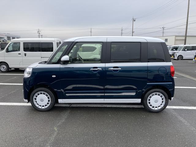 ムーヴキャンバスストライプスG14インチフルホイールキャップ LEDヘッドランプ LEDフォグランプ ホっとカップホルダー 両側パワースライドドア キーフリーシステム プッシュボタンスタート UVカットガラス(静岡県)の中古車