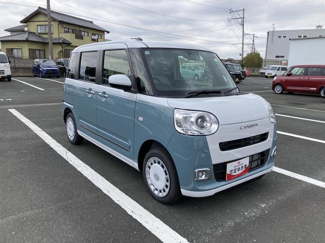 ムーヴキャンバスストライプスG14インチフルホイールキャップ LEDヘッドランプ LEDフォグランプ ホっとカップホルダー 両側パワースライドドア キーフリーシステム プッシュボタンスタート UVカットガラス(静岡県)の中古車