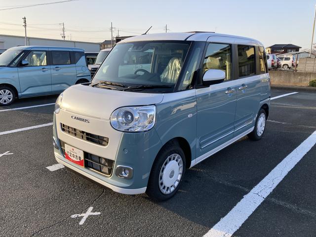 ムーヴキャンバスストライプスG14インチフルホイールキャップ LEDヘッドランプ LEDフォグランプ ホっとカップホルダー 両側パワースライドドア キーフリーシステム プッシュボタンスタート UVカットガラス(静岡県)の中古車