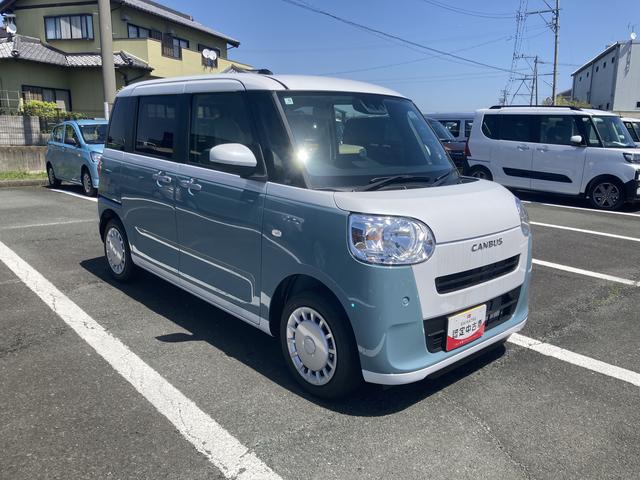 ムーヴキャンバスストライプスＸ１４インチフルホイールキャップ　キーフリーシステム　プッシュボタンスタート　ＵＶカットガラス　両側パワースライドドア　ハロゲンヘッドライト　ラゲージアンダーボックス（静岡県）の中古車