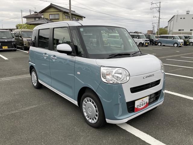 ムーヴキャンバスストライプスＸ１４インチフルホイールキャップ　キーフリーシステム　プッシュボタンスタート　ＵＶカットガラス　両側パワースライドドア　ハロゲンヘッドライト　ラゲージアンダーボックス（静岡県）の中古車