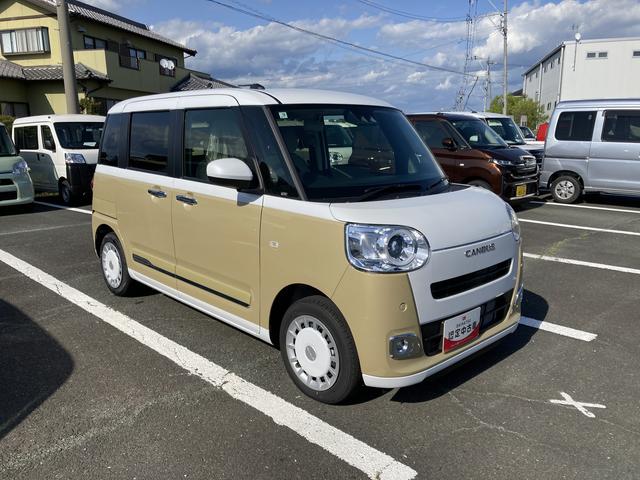 ムーヴキャンバスストライプスG14インチフルホイールキャップ LEDヘッドランプ LEDフォグランプ ホっとカップホルダー 両側パワースライドドア キーフリーシステム プッシュボタンスタート UVカットガラス(静岡県)の中古車