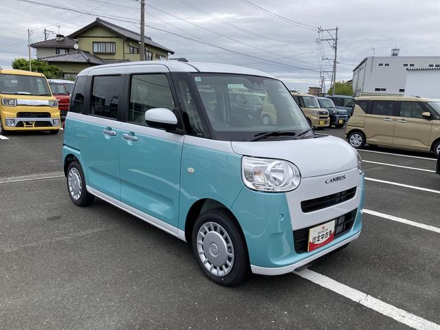 ムーヴキャンバスストライプスＸ１４インチフルホイールキャップ　キーフリーシステム　プッシュボタンスタート　ＵＶカットガラス　両側パワースライドドア　ハロゲンヘッドライト　ラゲージアンダーボックス（静岡県）の中古車