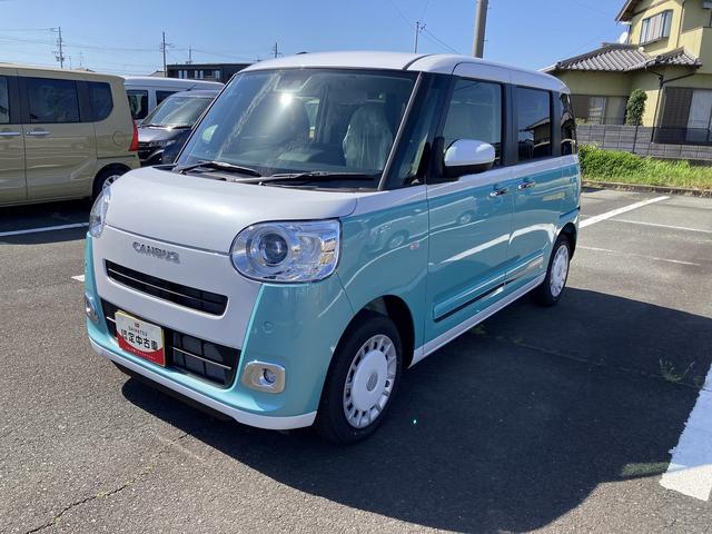 ムーヴキャンバスストライプスG14インチフルホイールキャップ LEDヘッドランプ LEDフォグランプ ホっとカップホルダー 両側パワースライドドア キーフリーシステム プッシュボタンスタート UVカットガラス(静岡県)の中古車