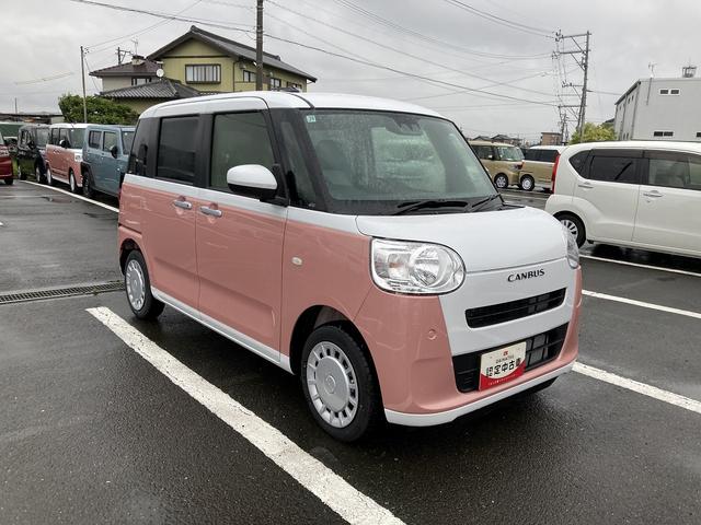 ムーヴキャンバスストライプスＸ１４インチフルホイールキャップ　キーフリーシステム　プッシュボタンスタート　ＵＶカットガラス　両側パワースライドドア　ハロゲンヘッドライト　ラゲージアンダーボックス（静岡県）の中古車