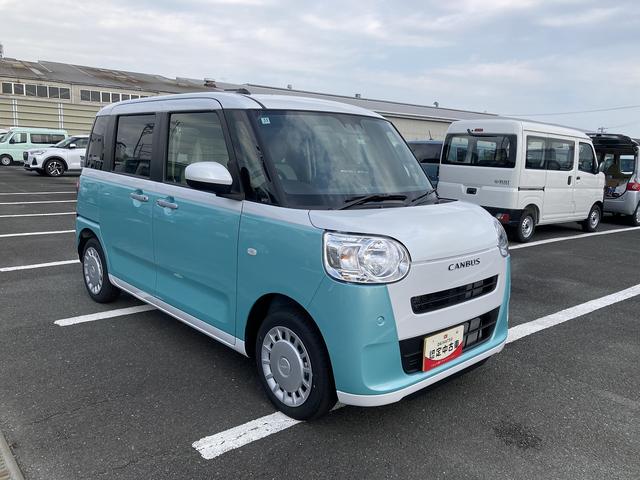 ムーヴキャンバスストライプスX14インチフルホイールキャップ キーフリーシステム プッシュボタンスタート UVカットガラス 両側パワースライドドア ハロゲンヘッドライト ラゲージアンダーボックス(静岡県)の中古車