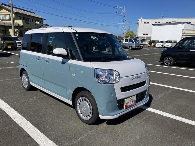 ムーヴキャンバスストライプスX14インチフルホイールキャップ キーフリーシステム プッシュボタンスタート UVカットガラス 両側パワースライドドア ハロゲンヘッドライト ラゲージアンダーボックス(静岡県)の中古車