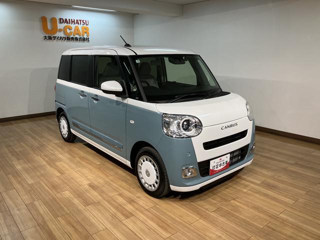ムーヴキャンバスストライプスＧターボ　Ｒ７年式／ナビ／ドラレコ／バックカメラサポカーＳワイド適合　バックカメラ対応　ＵＳＢ接続端子　電動パーキングブレーキ　シートヒーター　両側オートスライドドア　Ｐスタート　ホッとカップホルダー　キーフリー（大阪府）の中古車