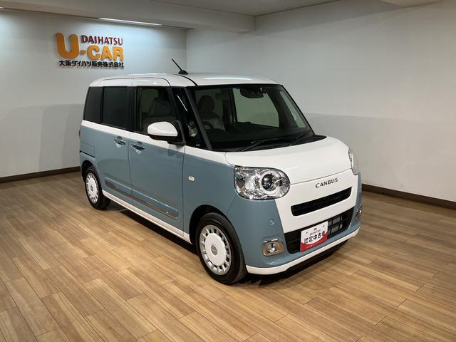 ムーヴキャンバスストライプスＧターボ　２５年ナビ／ＦＲドラレコ／バックカメラサポカーＳワイド適合　バックカメラ対応　ＵＳＢ接続端子　電動パーキングブレーキ　シートヒーター　両側オートスライドドア　Ｐスタート　ホッとカップホルダー　キーフリー（大阪府）の中古車