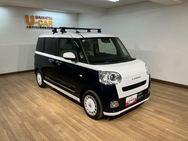 ムーヴキャンバスストライプスＧ　元弊社試乗車　サポカーＳワイド適合純正メモリーナビ・バックカメラ・ルーフキャリア・ＵＳＢ接続端子・　電動パーキングブレーキ・シートヒーター・両側電動スライドドア・電動パーキングブレーキ・ホッとカップホルダー・衝突回避軽減ブレーキ（大阪府）の中古車