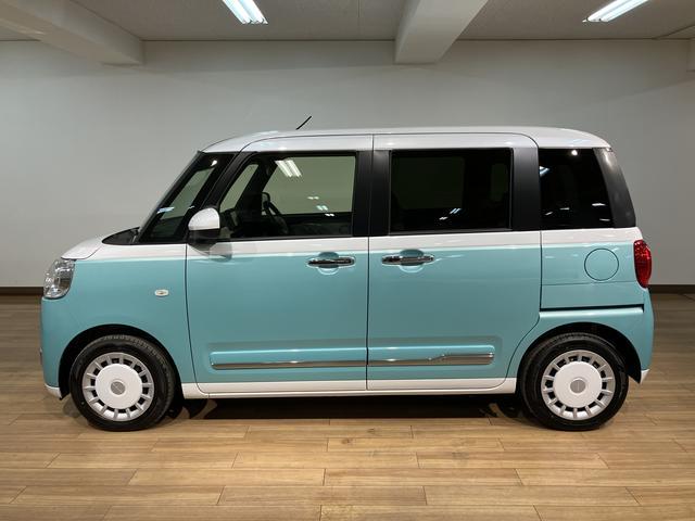 ムーヴキャンバスストライプスＧターボ　２５年ナビ／バックカメラ／走行３３ｋｍサポカーＳワイド適合　バックカメラ対応　ＵＳＢ接続端子　電動パーキングブレーキ　シートヒーター　両側オートスライドドア　Ｐスタート　ホッとカップホルダー　キーフリー（大阪府）の中古車