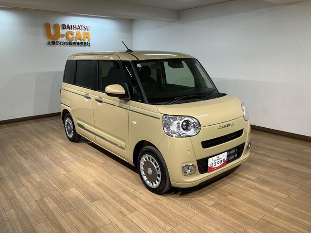 ムーヴキャンバスセオリーＧ／届出済未使用車／新車保証継承有／バックカメラ対応サポカーＳワイド適合　バックカメラ対応　ＵＳＢ接続端子　電動パーキングブレーキ　シートヒーター　両側オートスライドドア　Ｐスタート　ホッとカップホルダー　キーフリー（大阪府）の中古車