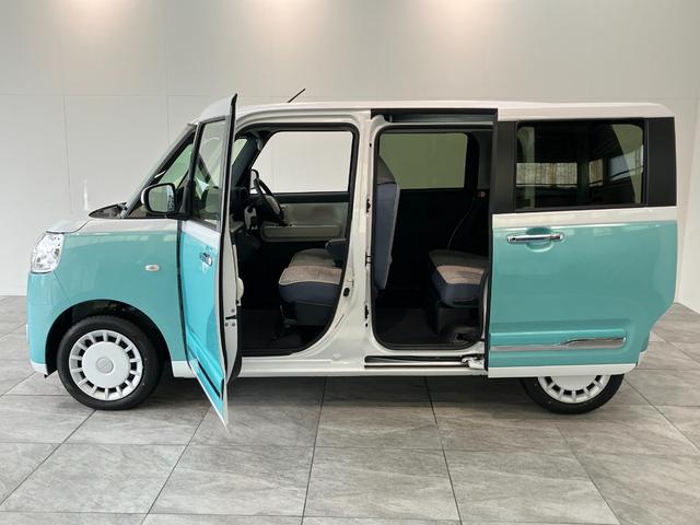 ムーヴキャンバスストライプスＧ　両側電動スライドドア　届出済未使用車衝突被害軽減ブレーキ　コーナーセンサー　バックカメラ（ナビ装着時用）　両側電動スライドドア　前席シートヒーター　電動パーキングブレーキ　ＬＥＤ　オートライト　オートエアコン　スマートキー　エコアイドル（滋賀県）の中古車