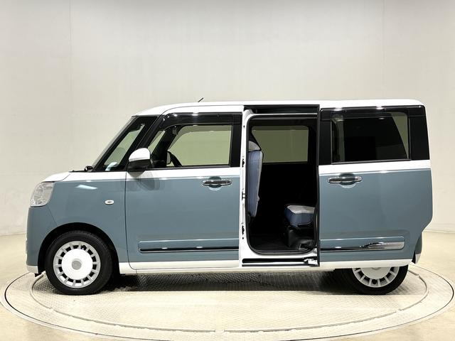 ムーヴキャンバスストライプスＧターボＬＥＤオートライト・フォグランプ　電動パーキングブレーキ　プッシュボタンスタート　セキュリティアラーム　バックカメラ　両側パワースライドドアウエルカムオープン機能　オート電動格納式ドアミラー（広島県）の中古車