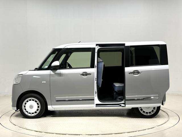 ムーヴキャンバスストライプスＧターボ　バックモニター　電動パーキングブレーキＬＥＤオートライト・フォグランプ　電動パーキングブレーキ　プッシュボタンスタート　セキュリティアラーム　バックカメラ　両側パワースライドドアウエルカムオープン機能　オート電動格納式ドアミラー（広島県）の中古車