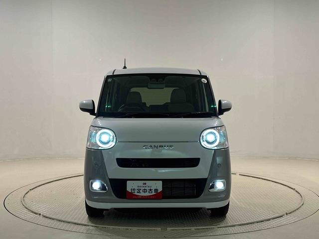 ムーヴキャンバスストライプスＧターボ　バックモニター　電動パーキングブレーキＬＥＤオートライト・フォグランプ　電動パーキングブレーキ　プッシュボタンスタート　セキュリティアラーム　バックカメラ　両側パワースライドドアウエルカムオープン機能　オート電動格納式ドアミラー（広島県）の中古車