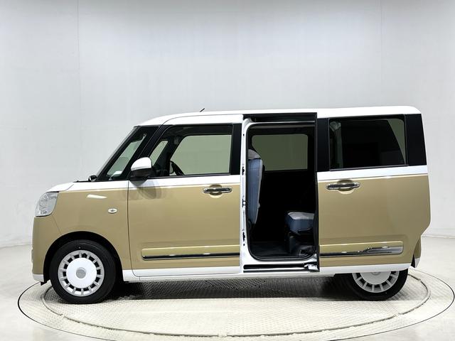 ムーヴキャンバスストライプスＧターボＬＥＤオートライト・フォグランプ　電動パーキングブレーキ　プッシュボタンスタート　セキュリティアラーム　バックカメラ　両側パワースライドドアウエルカムオープン機能　オート電動格納式ドアミラー（広島県）の中古車