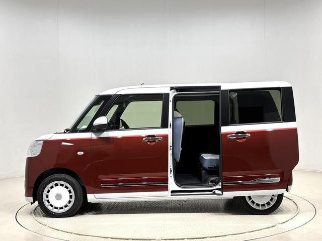 ムーヴキャンバスストライプスＧＬＥＤオートライト・フォグランプ　電動パーキングブレーキ　プッシュボタンスタート　セキュリティアラーム　バックカメラ　両側パワースライドドアウエルカムオープン機能　オート電動格納式ドアミラー（広島県）の中古車